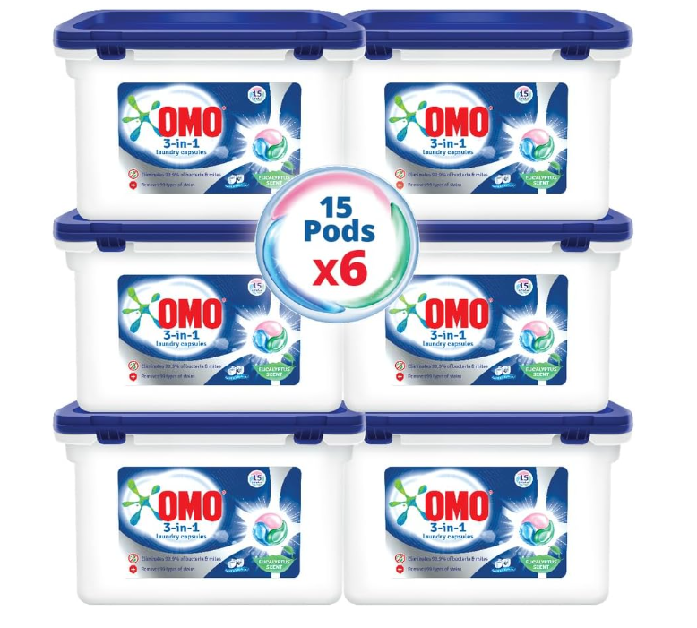 OMO 3-in-1 Laundry Capsules, Eucalyptus, 15 pcs, Pack of 6