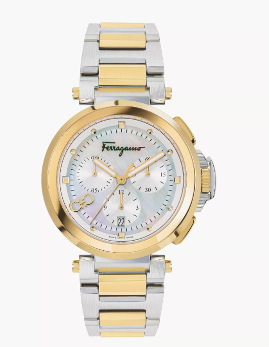 Salvatore Ferragamo Swiss Made Women's Silver & Gold Chronograph Stainless Steel Strap Watch
