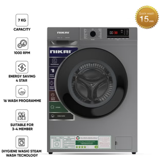 NIKAI 7KG 16 Programs Front Load Washer, Steam Wash, 1000 RPM, 4 Star Energy Saving