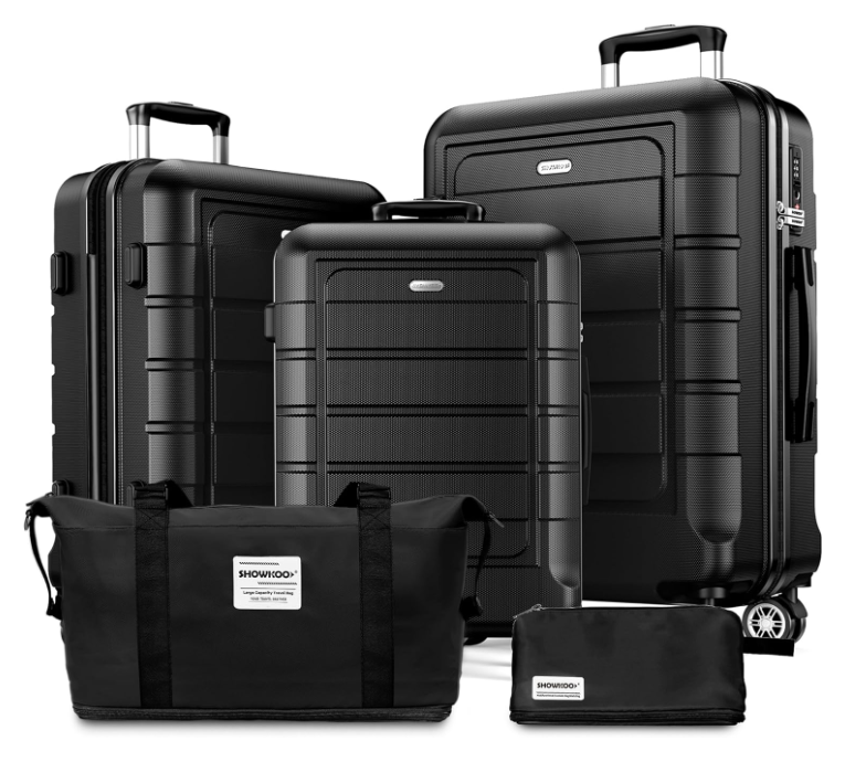 SHOWKOO Luggage Sets 5 Piece Hardshell PC+ABS Expandable Lightweight Durable Travel Luggage with Travel Duffels Bag + Toiletry Bag - Black