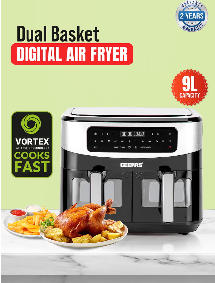 GEEPAS Dual Basket Digital Air Fryer Equipped with VORTEX Air Frying Technology