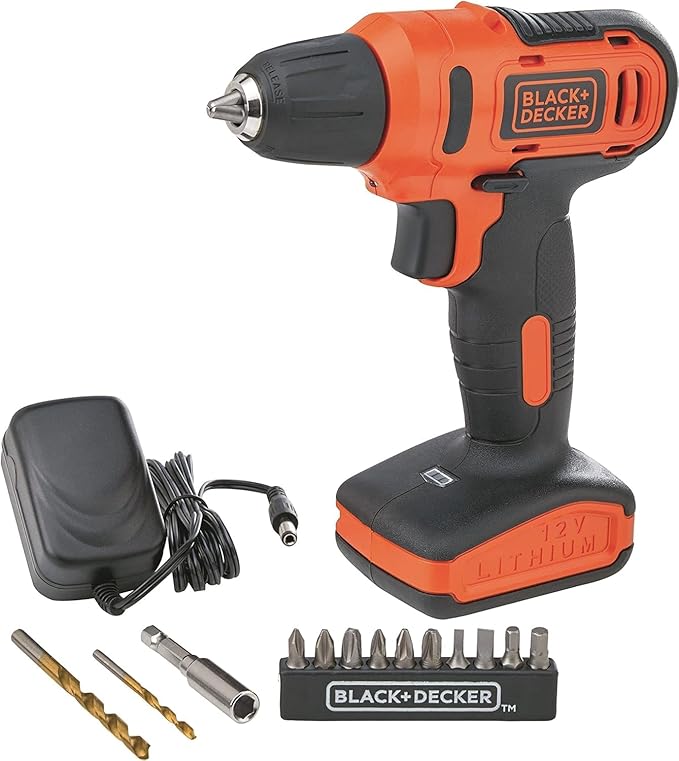 BLACK & DECKER 12V 1.5Ah 900 RPM Cordless Drill Driver with 13 Pieces Bits in Kitbox For Drilling and Fastening, Orange/Black, LD12SP-B5,